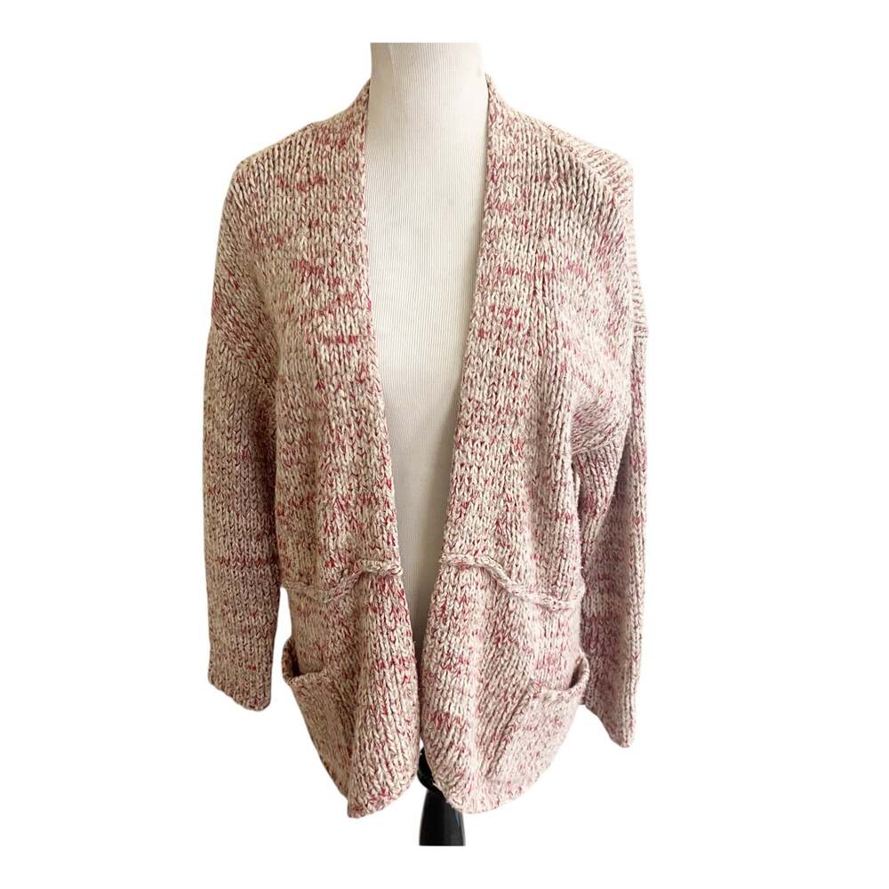 Pure J. Jill Cardigan Women's M Wool Marbled Chunky Knit Open Font Cozy Pink